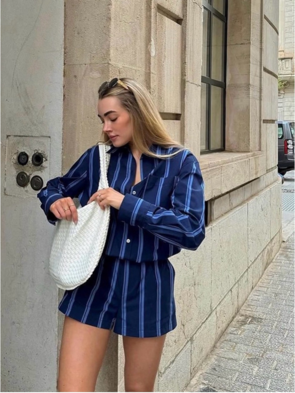 Zara Striped Shirt Romper | Navy Blue | Size L | Linen Blend | Long Sleeve - Picture 2 of 10